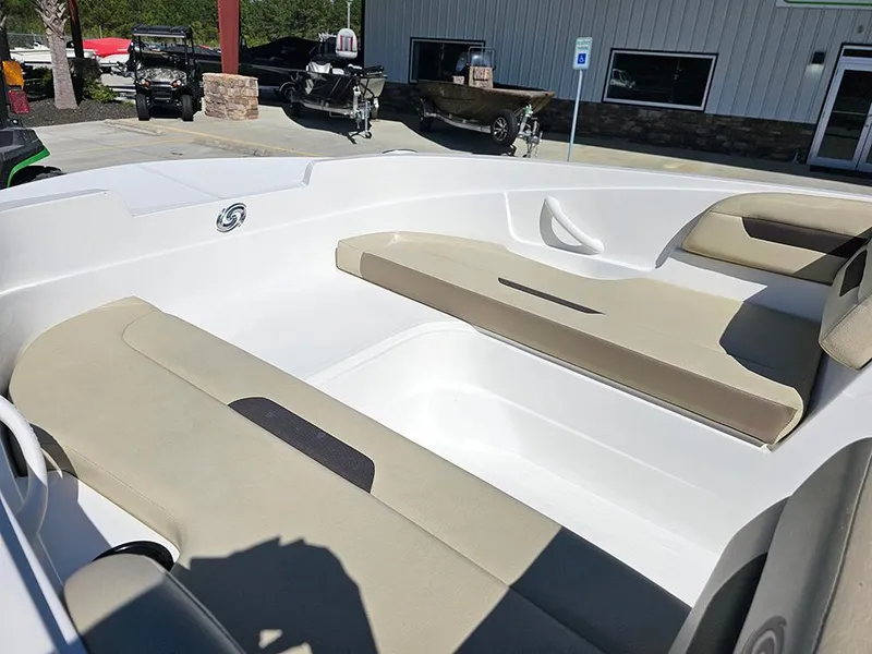 Slide: The Image of 2020 Hurricane SunDeck Sport 185 OB boat interior with beige seating and white deck. - 11