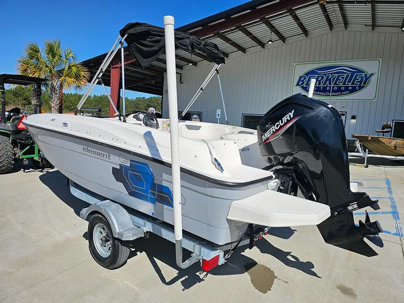 Slide: The Image of 2021 Bayliner Element E18 boat with Mercury engine on trailer at Berkeley Outdoors. - 2