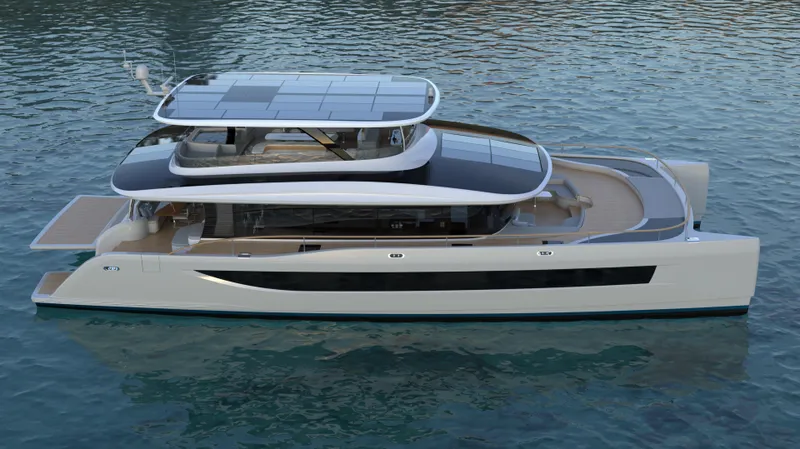 Slide: The Image of 2025 Catamaran HS 80 luxury yacht on water with sleek design and solar panels. - 3
