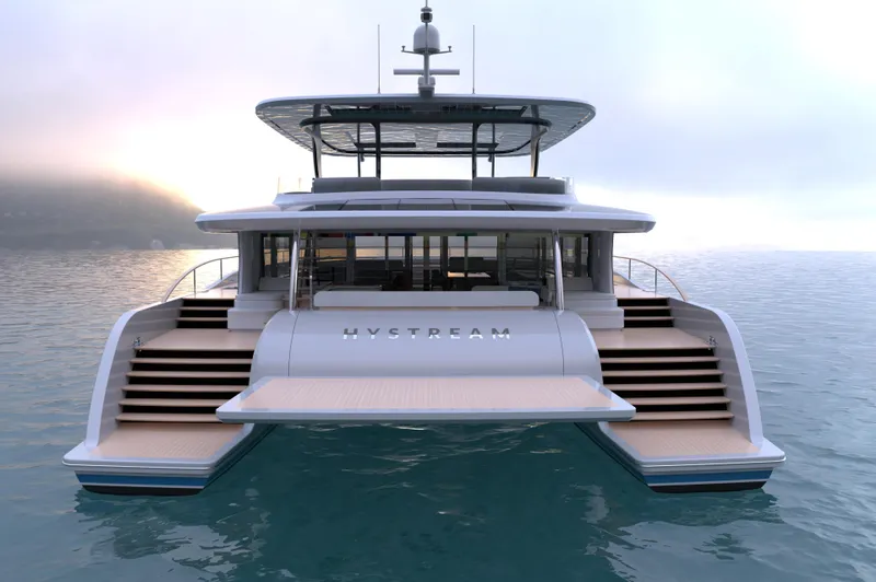 Slide: The Image of Modern Catamaran HS 80, 2025 model, on serene water at sunrise. - 4