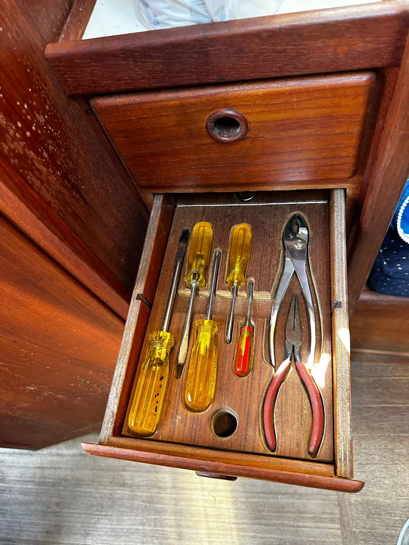 Slide: The Image of Drawer with tools in 1985 Sabre 32 Aft Cabin boat. - 16