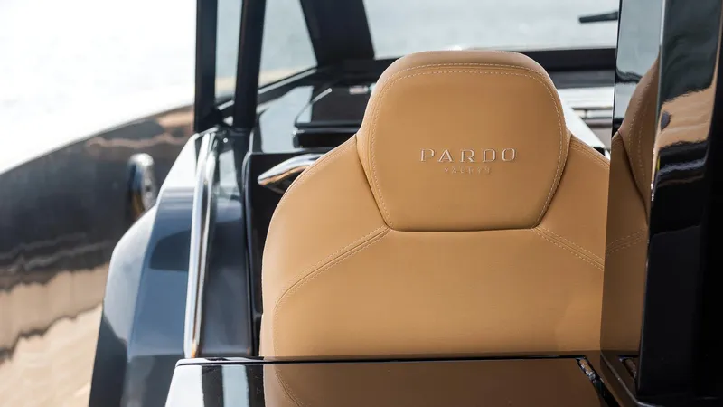 Slide: The Image of Luxurious Pardo Yachts 50, 2022 model, featuring elegant tan leather seating. - 15