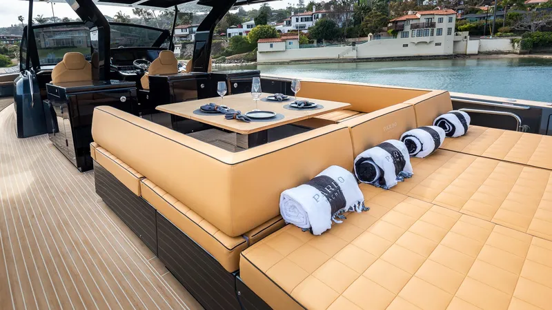 Slide: The Image of Luxurious 2022 Pardo Yachts 50 with elegant seating and dining area on deck. - 28