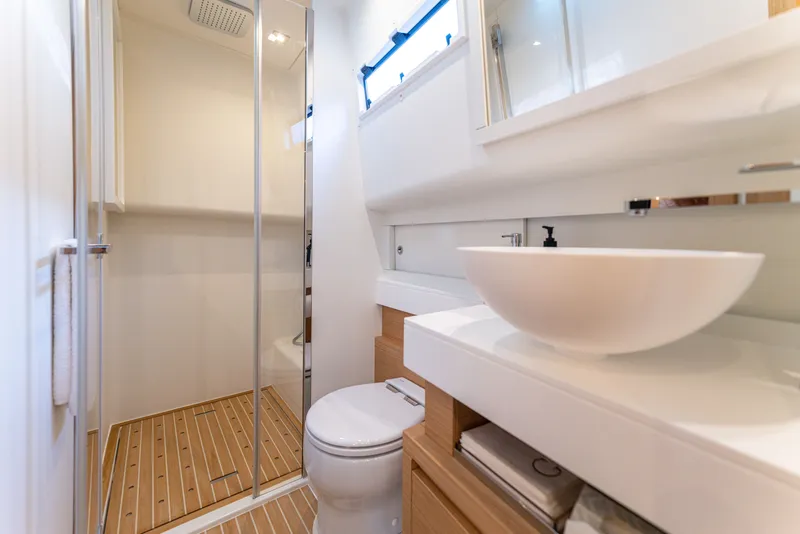 Slide: The Image of Luxurious bathroom in 2022 Pardo Yachts 50, featuring modern fixtures and elegant design. - 48