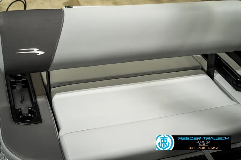 Slide: The Image of 2025 Bennington 21 SSB boat seat with sleek gray upholstery and logo detail. - 40