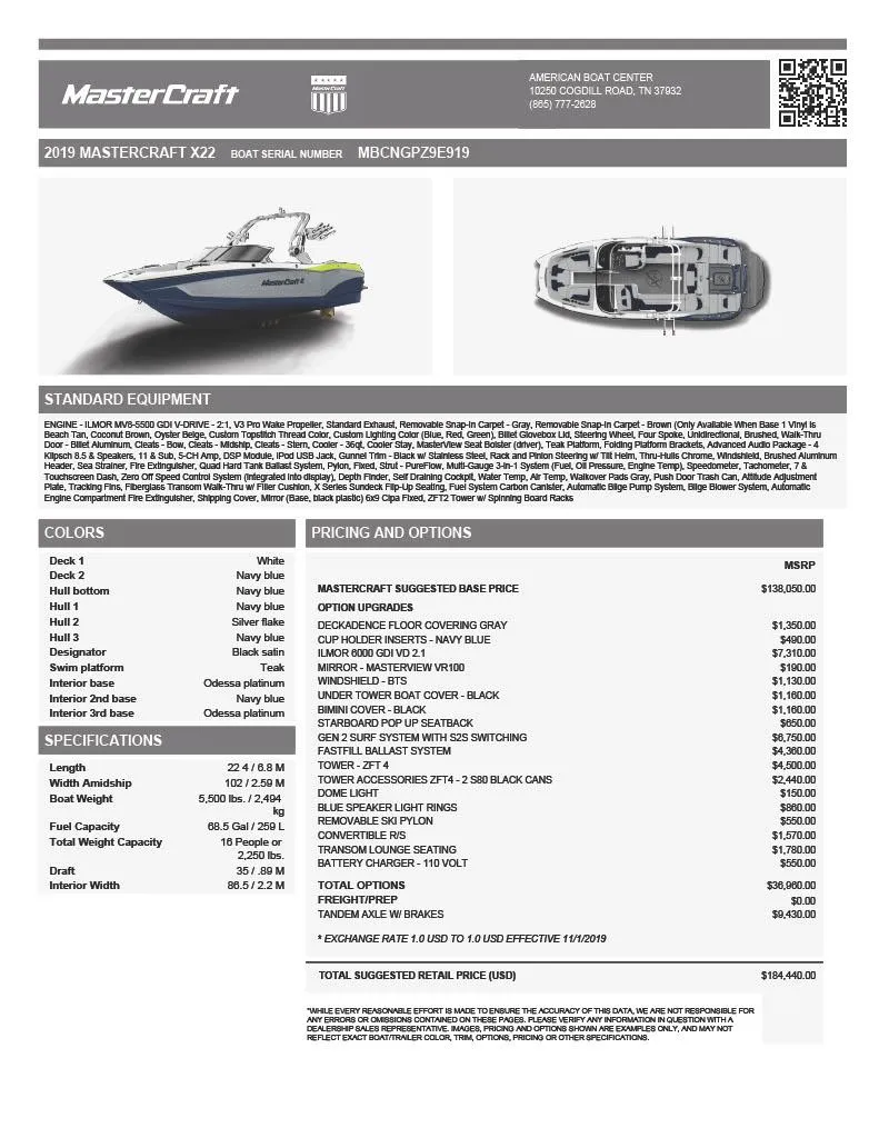 Slide: The Image of 2019 MasterCraft X22 boat brochure with specifications, pricing, and features. - 16