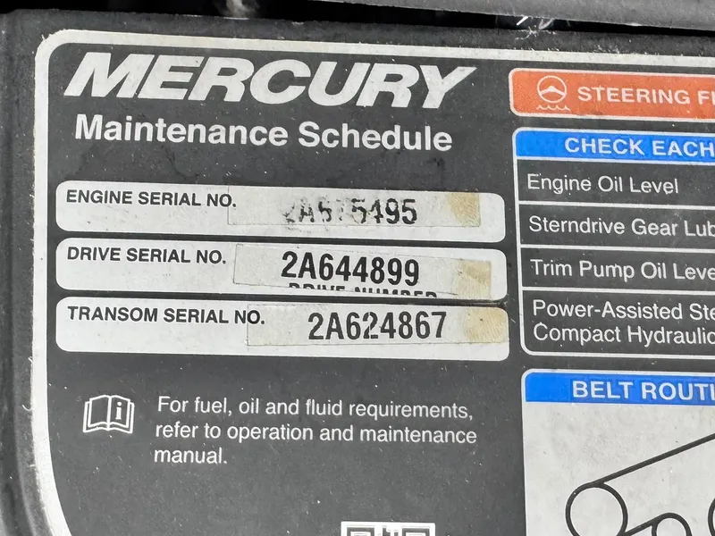Slide: The Image of Mercury maintenance schedule label with engine, drive, and transom serial numbers. - 21