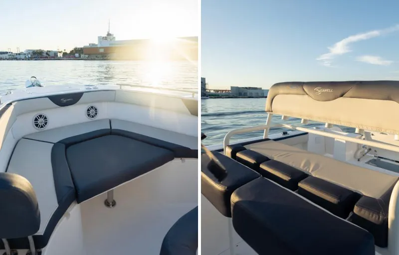 Slide: The Image of 2024 SeaWell 240CC boat interior with cushioned seating, on a sunny day by the water. - 11