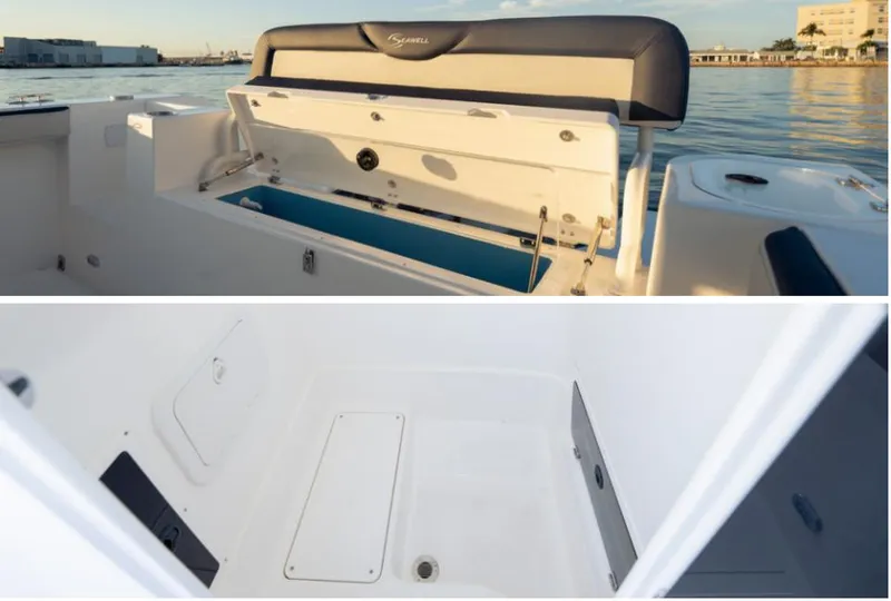 Slide: The Image of 2024 SeaWell 240CC boat interior with open storage compartments, docked by the water. - 12