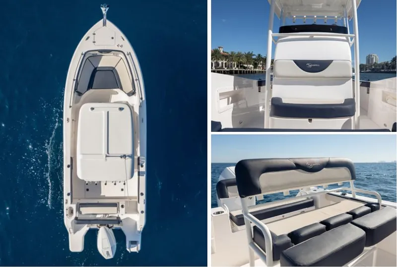 Slide: The Image of 2024 SeaWell 240CC boat showcasing top view and seating details on the water. - 13