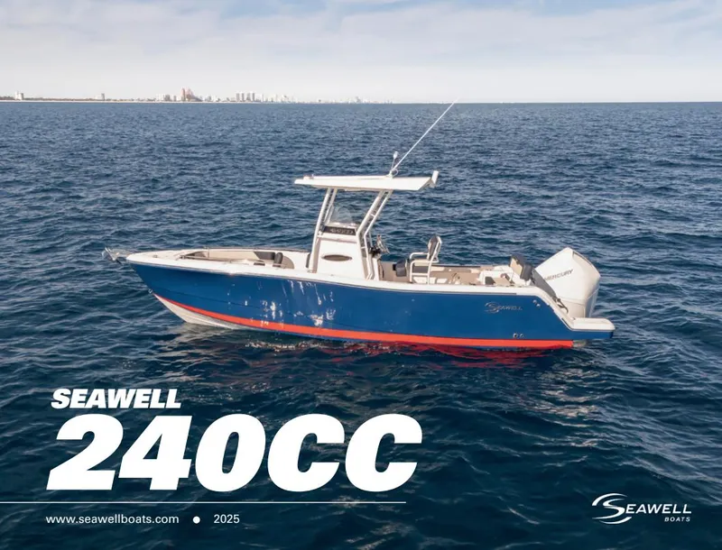 Slide: The Image of 2024 SeaWell 240CC boat on open ocean, showcasing sleek design and vibrant blue color. - 3