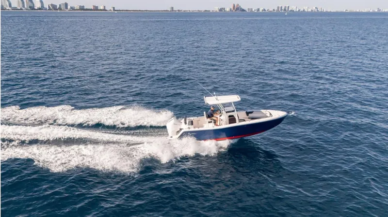 Slide: The Image of 2024 SeaWell 240CC boat cruising on open water with city skyline in background. - 38