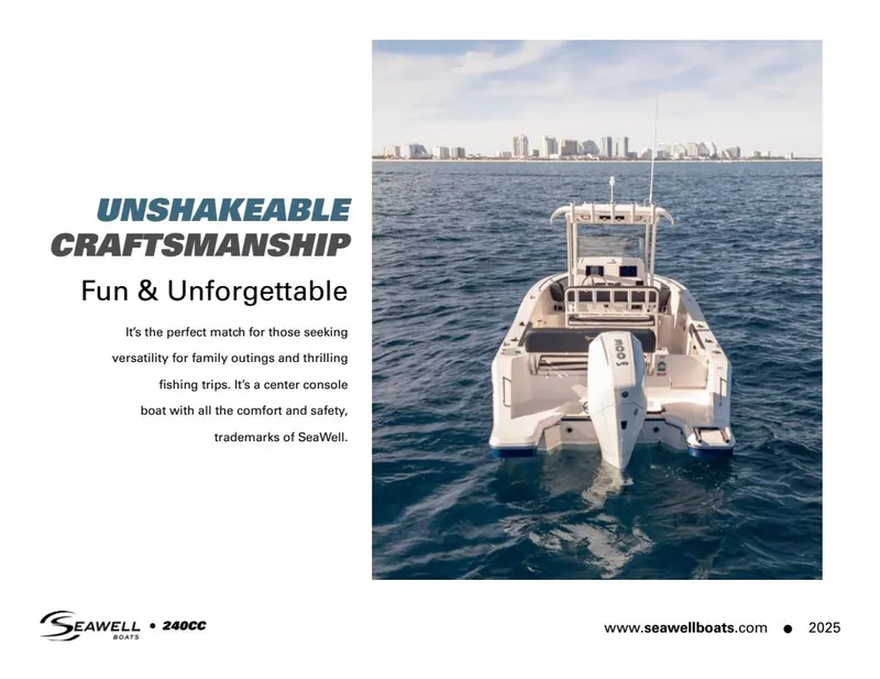 Slide: The Image of 2024 SeaWell 240CC boat on water, showcasing craftsmanship and versatility for family outings and fishing trips. - 4
