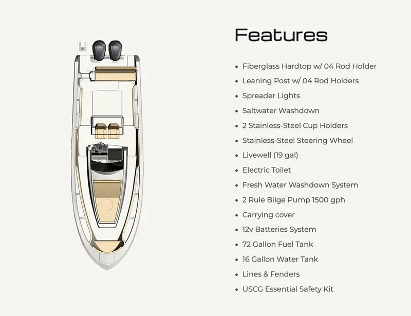 Slide: The Image of 2024 SeaWell 240CC boat features list with top view illustration. - 46