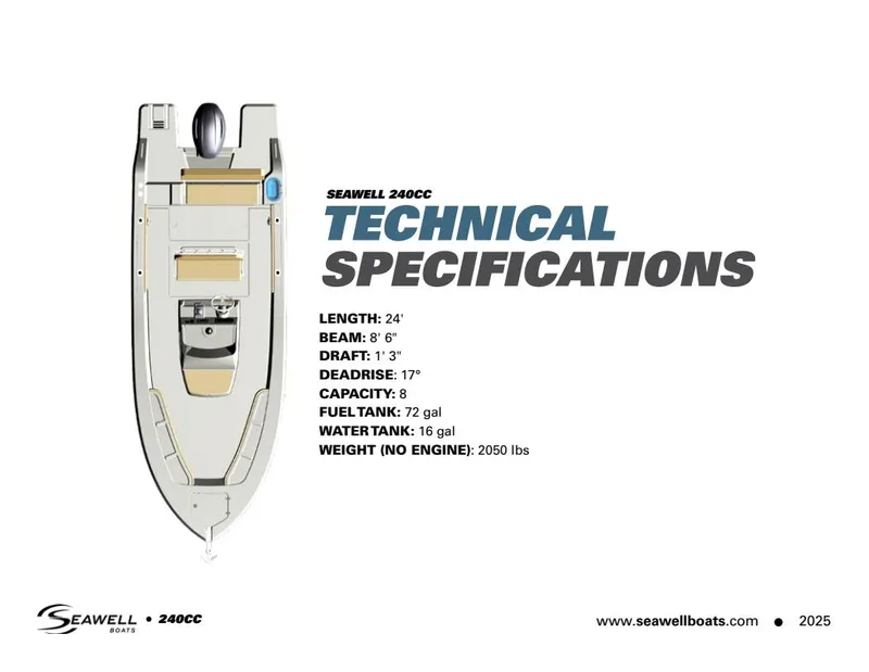 Slide: The Image of 2024 SeaWell 240CC boat specifications: 24' length, 8'6" beam, 72-gallon fuel tank, 2050 lbs weight. - 6