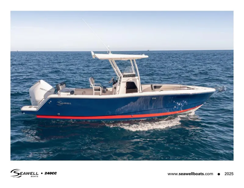 Slide: The Image of 2024 SeaWell 240CC boat cruising on open water, featuring sleek blue design and modern amenities. - 8