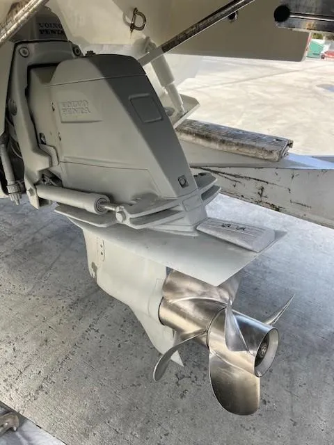 Slide: The Image of 2022 Chris-Craft Launch 28 GT boat propeller and drive system close-up. - 24