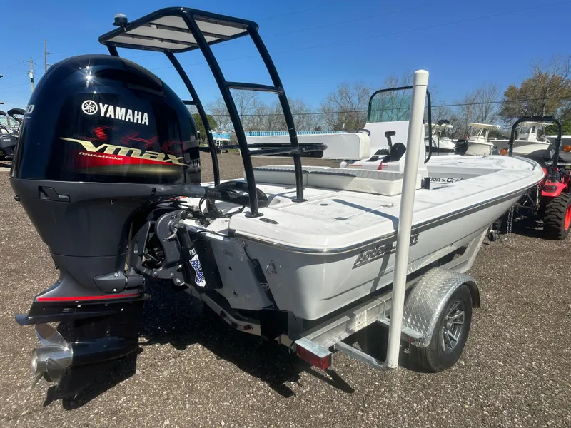 Slide: The Image of 2025 Action Craft 17 Flats Flyfisher boat with Yamaha VMAX engine on trailer. - 4