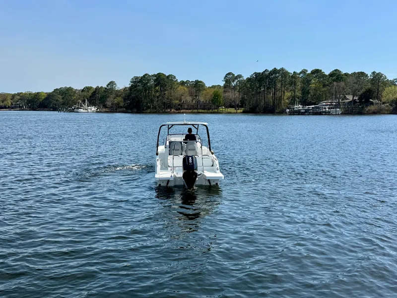 Slide: The Image of 2024 Beneteau Flyer 8 SUNdeck cruising on a serene lake with lush tree-lined shore. - 8