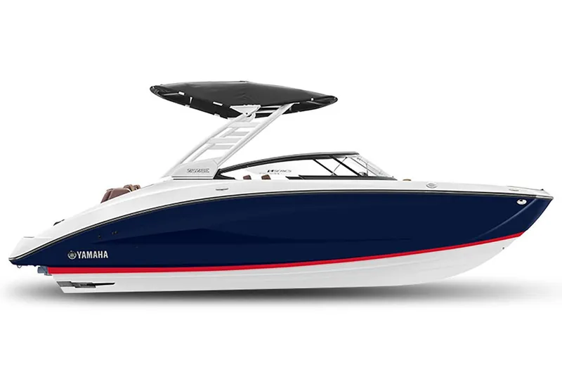 Slide: The Image of 2025 Yamaha Boats 252SE, sleek design, blue hull, black canopy, side view. - 1