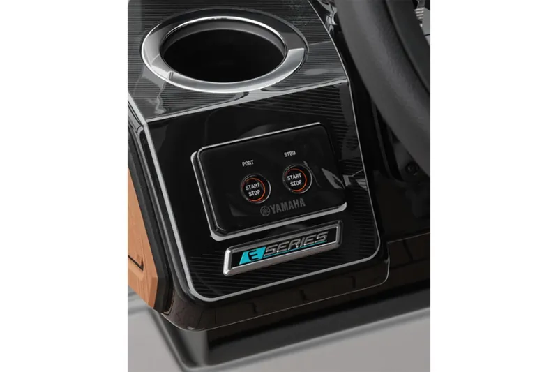 Slide: The Image of 2025 Yamaha Boats 252SE dashboard with start/stop buttons and E-Series branding. - 2