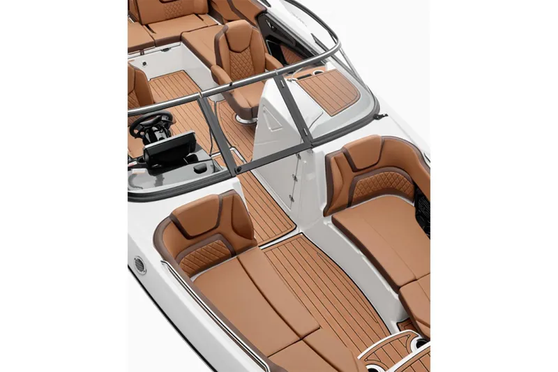 Slide: The Image of 2025 Yamaha Boats 252SE interior with luxurious tan seating and sleek design. - 6