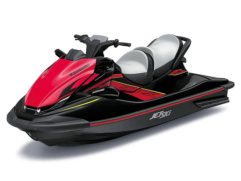 Slide: The Image of 2025 Kawasaki Jet Ski STX 160LX in red and black, featuring sleek design and dual seating. - 12