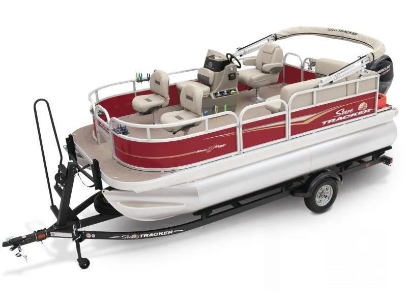 Slide: The Image of 2025 BASS BUGGY 16 XL Select pontoon boat on trailer, red and white design. - 1