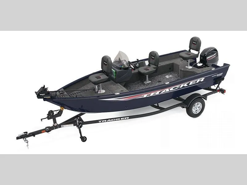 Slide: The Image of 2025 Pro Guide V-16 SC fishing boat on trailer, featuring Tracker branding and seating. - 1