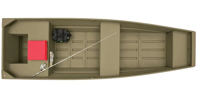 Slide: The Image of 2025 Grizzly 1436 Jon boat, top view, with fishing gear and red seat cushion. - 2