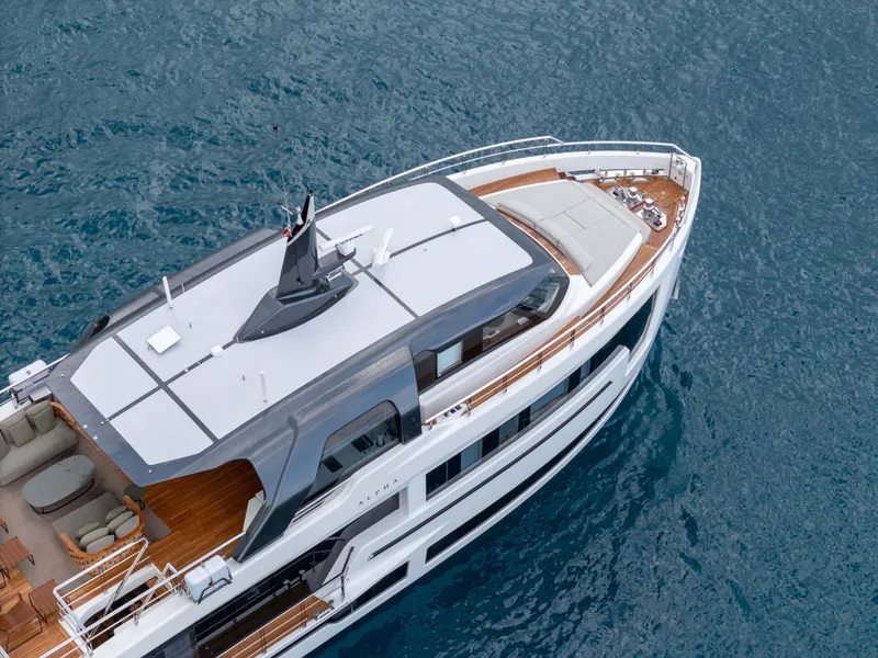 Slide: The Image of Aerial view of 2025 Alpha Squalo Co Ownership yacht on blue water. - 18