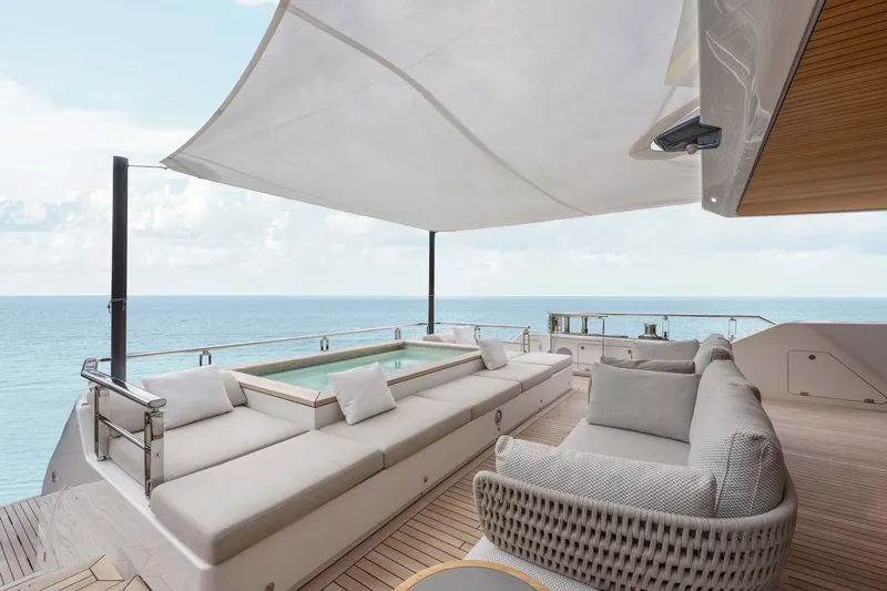 Slide: The Image of Luxurious 2025 Alpha Squalo yacht deck with seating, canopy, and ocean view. - 46