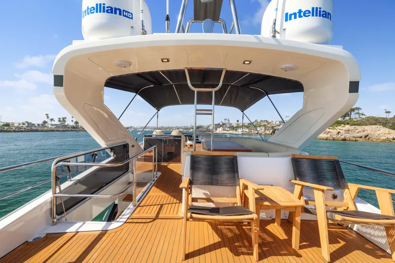 Slide: The Image of Luxurious 2015 Absolute Fly Co Ownership yacht deck with seating, overlooking serene waters. - 43