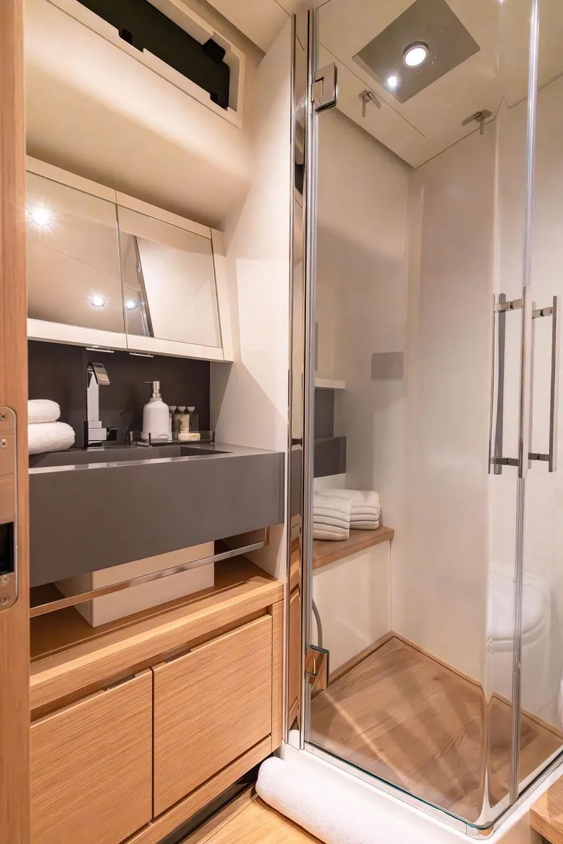 Slide: The Image of Luxurious bathroom in 2023 Pardo Yachts Endurance 60, featuring modern fixtures and elegant design. - 21