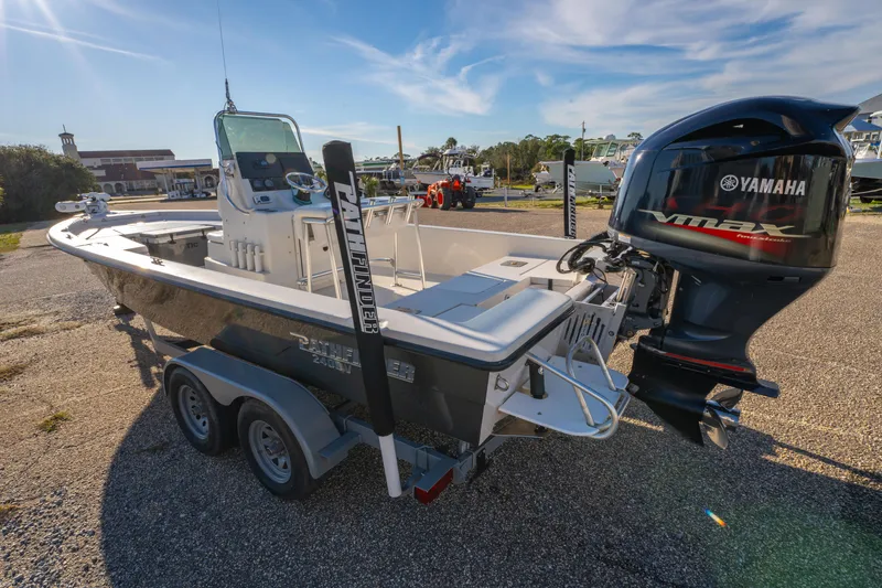 Slide: The Image of 2001 Pathfinder 2400-V boat with Yamaha outboard motor on trailer. - 6