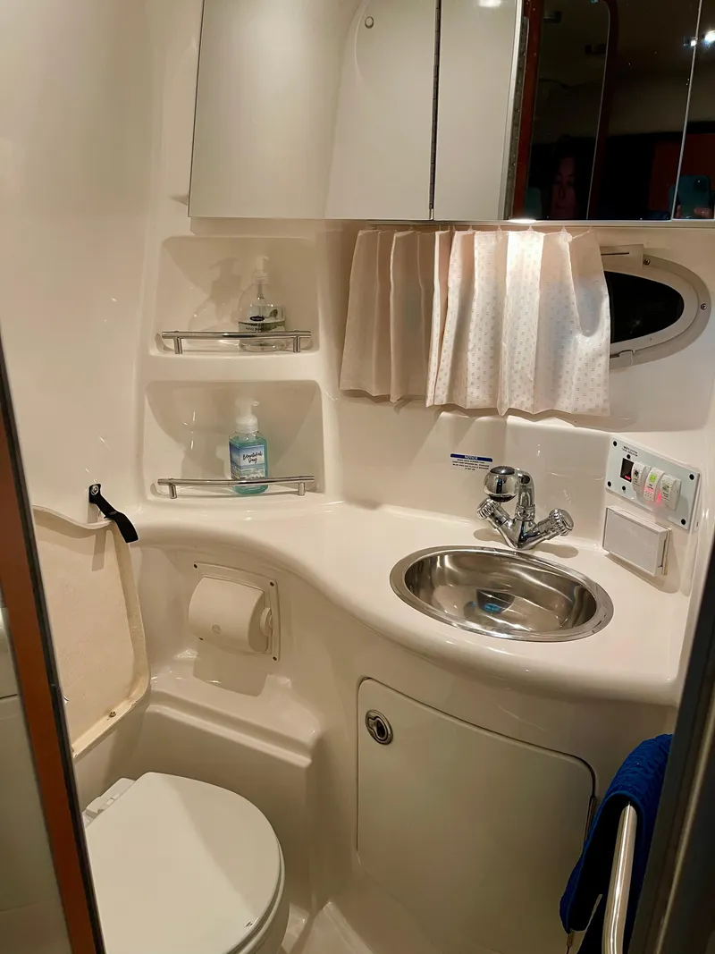 Slide: The Image of 2005 Chaparral Signature 310 bathroom with sink, toilet, and storage shelves. - 6