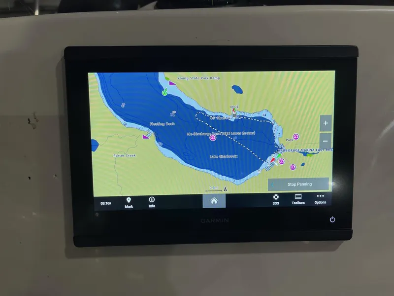 Slide: The Image of Garmin navigation display on 2024 Boston Whaler 190 Montauk boat dashboard. - 11
