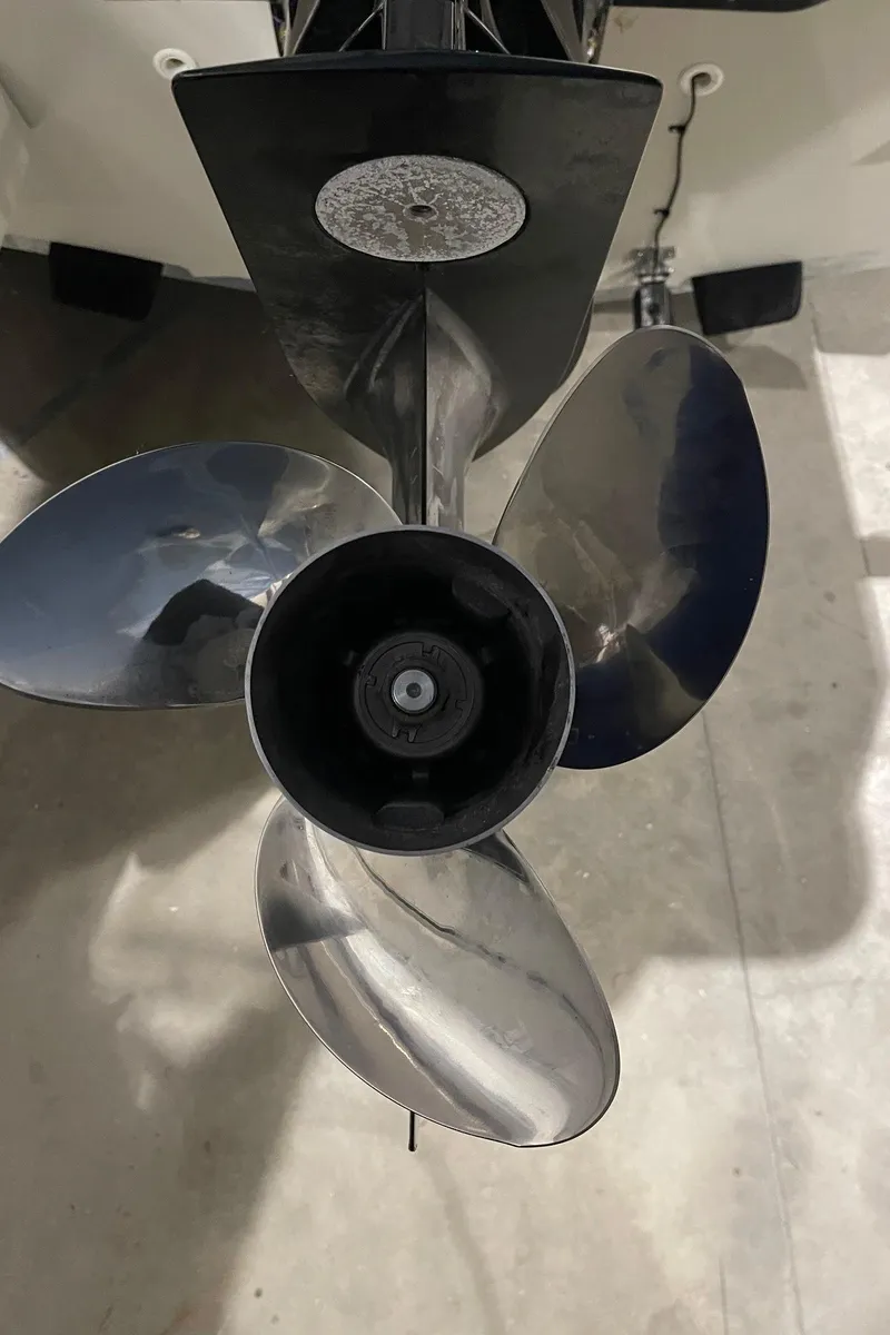 Slide: The Image of Propeller of 2024 Boston Whaler 190 Montauk boat, close-up view. - 24