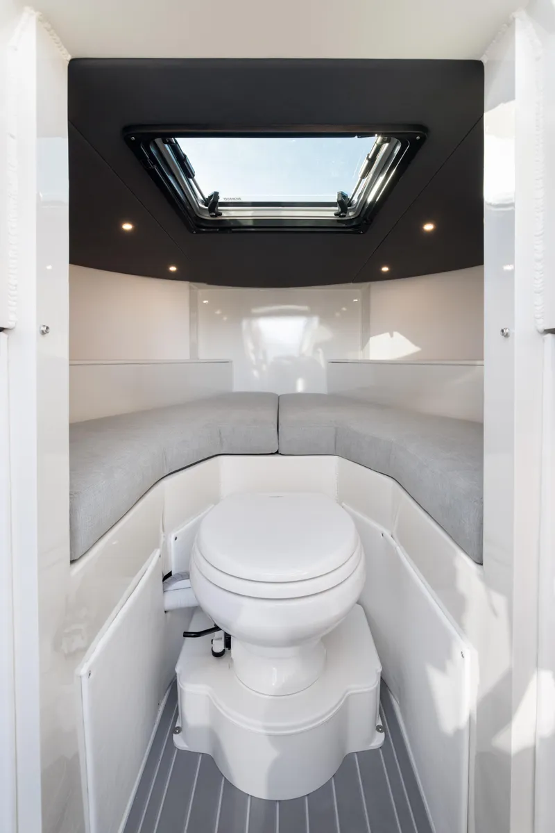 Slide: The Image of 2025 Jasper Marine Defender 22 cabin interior with skylight and toilet. - 28