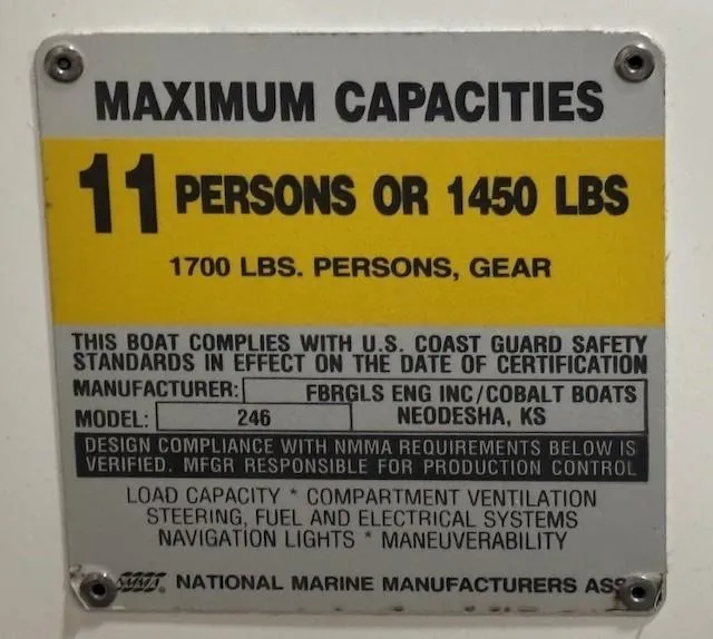 Slide: The Image of Capacity label for Cobalt 246 boat, 2001 model, max 11 persons or 1450 lbs. - 26