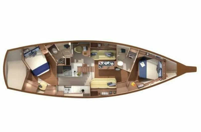 Slide: The Image of 2008 Island Packet 465 yacht interior layout with cabins, kitchen, and living area. - 37