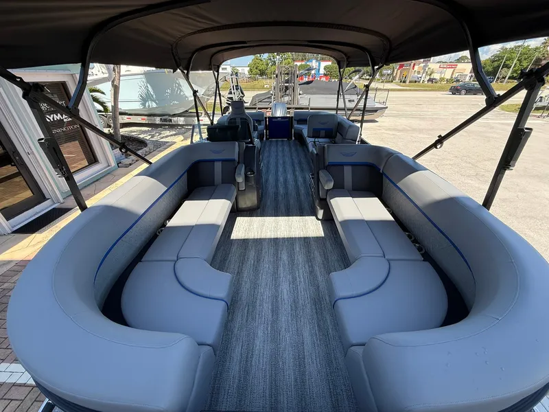 Slide: The Image of 2025 Bennington 24 MFB pontoon boat with spacious seating and modern design. - 20