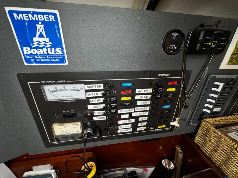 Slide: The Image of Interior view of 1994 Beneteau 40 sailboat, showing steps leading to deck. - 60