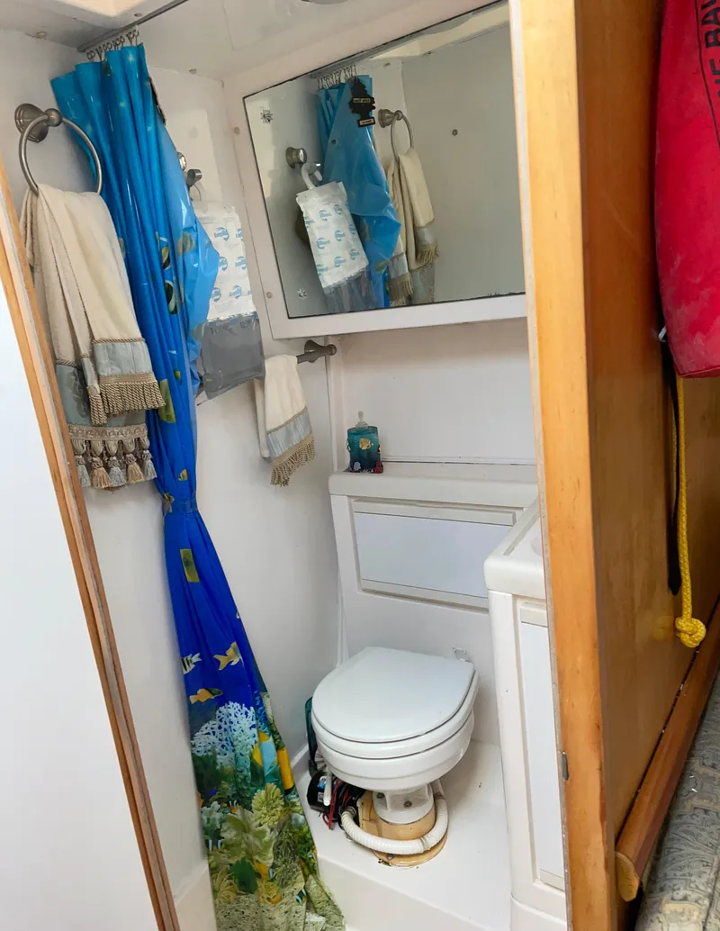 Slide: The Image of 1995 Bertram 30 Moppie boat bathroom with toilet, mirror, and blue decorative curtain. - 5