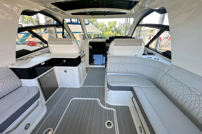 Slide: The Image of Luxurious interior of 2025 Sea Ray Sundancer 370 yacht with sleek seating and modern design. - 6