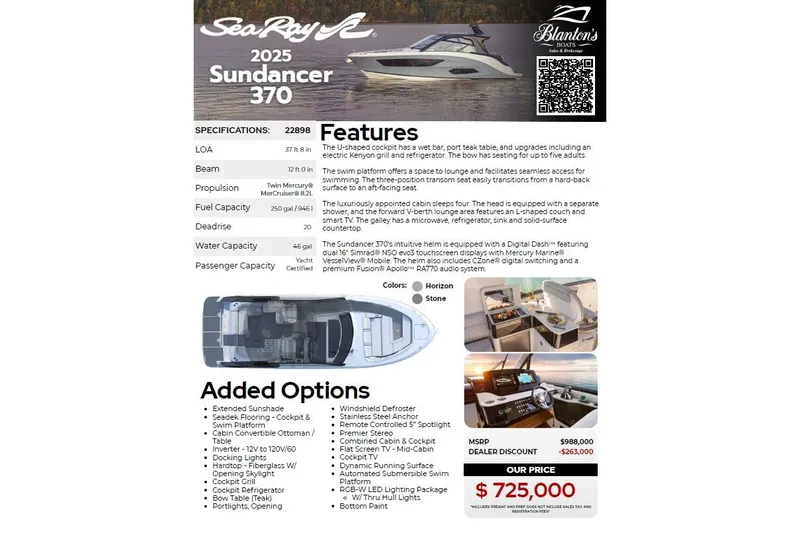 Slide: The Image of 2025 Sea Ray Sundancer 370 brochure showcasing features, specifications, and pricing details. - 66