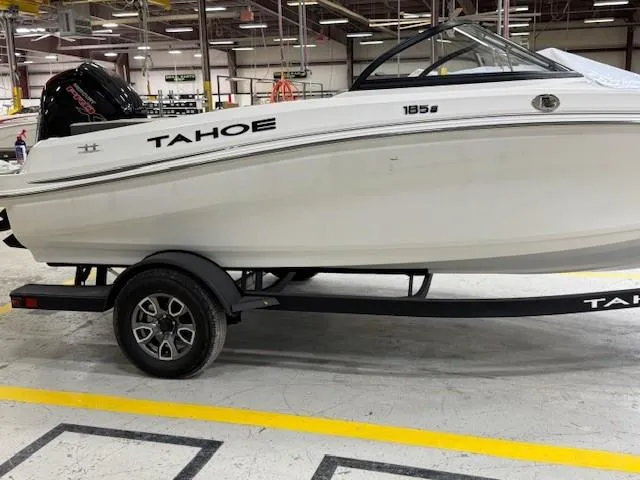 Slide: The Image of 2024 Tahoe 185 S boat on trailer in a warehouse setting. - 2