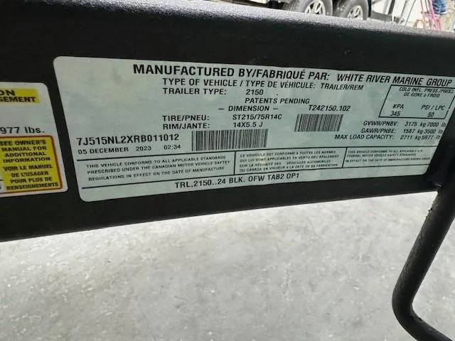Slide: The Image of Label on 2024 Tahoe 2150 CC trailer by White River Marine Group, showing specifications and details. - 12