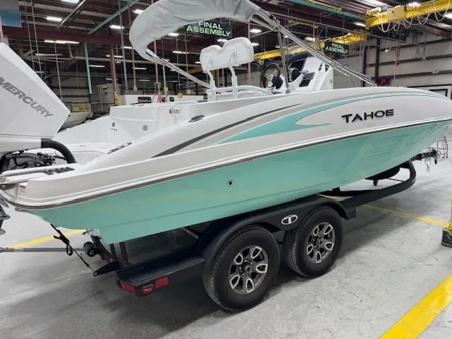 Slide: The Image of 2024 Tahoe 2150 CC boat on trailer in assembly facility. - 3