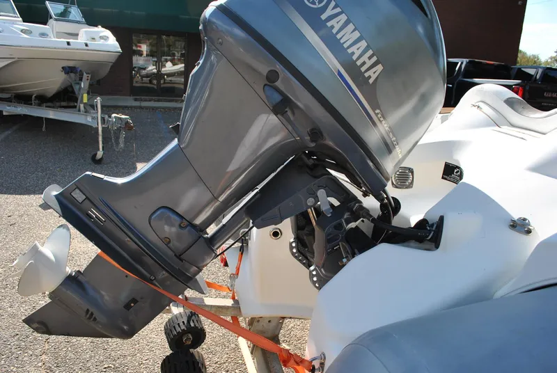 Slide: The Image of 2017 Avon Seasport 340 Deluxe with Yamaha outboard motor, secured on a trailer. - 28